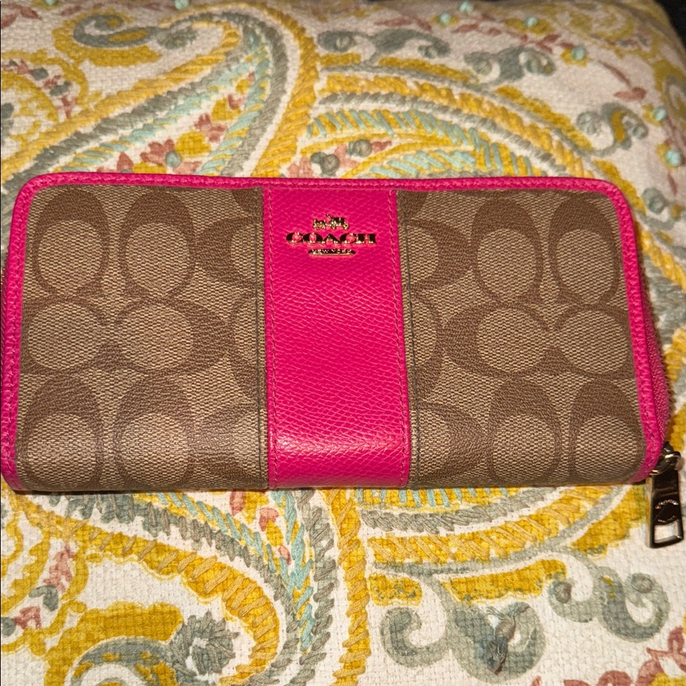 Coach large zippered khaki and hot pink wallet